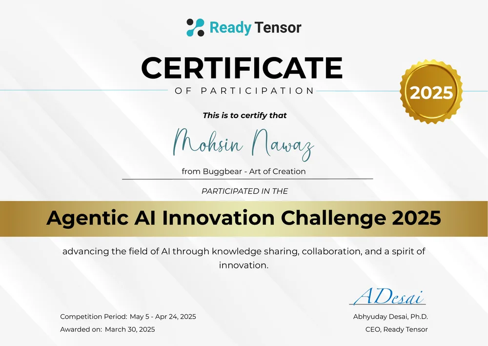Agentic AI Innovation Challenge 2025 certificate issued by Ready Tensor