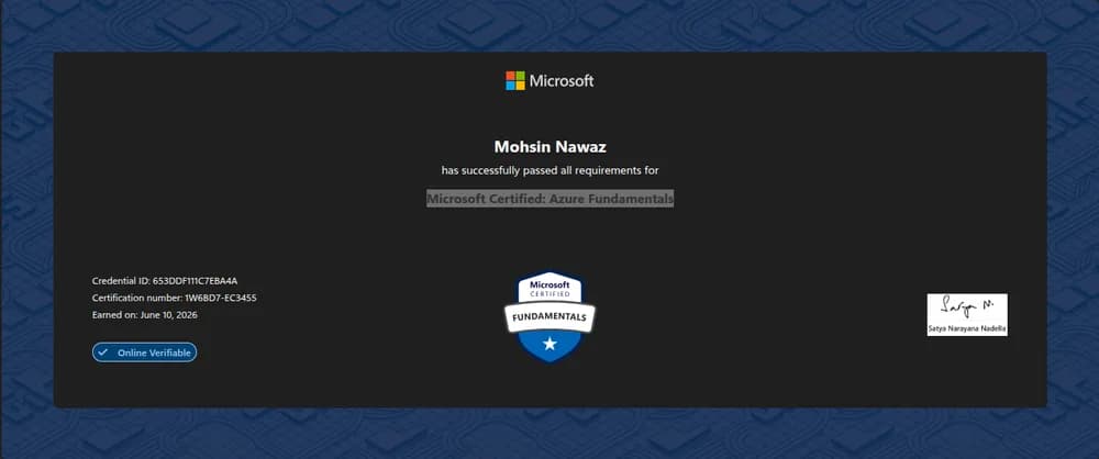 Microsoft Certified: Azure Fundamentals certificate issued by Microsoft