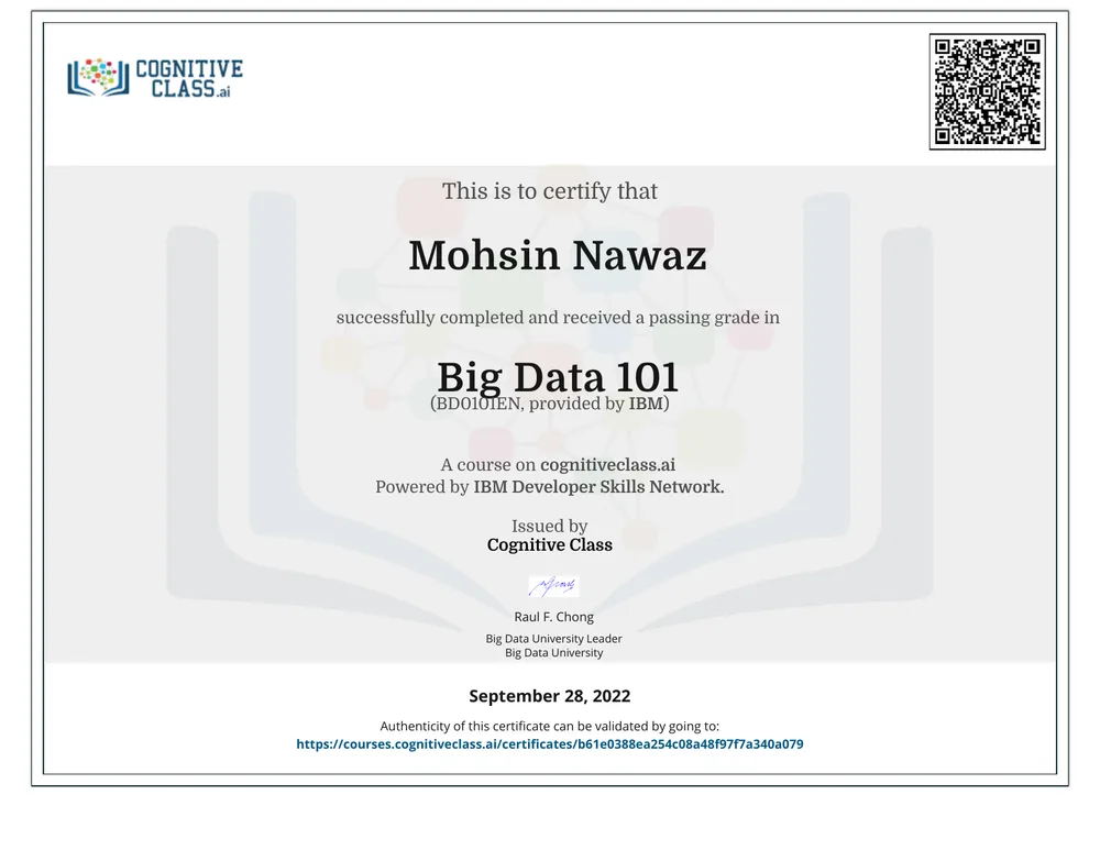 Big Data 101 certificate issued by Cognitive Class · IBM Developer Skills Network