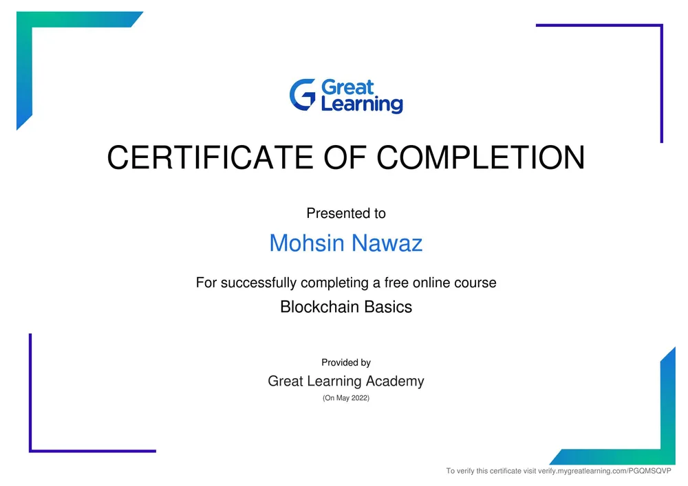 Blockchain Basics certificate issued by Great Learning