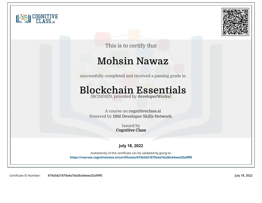 Blockchain Essentials certificate issued by Cognitive Class · IBM Developer Skills Network