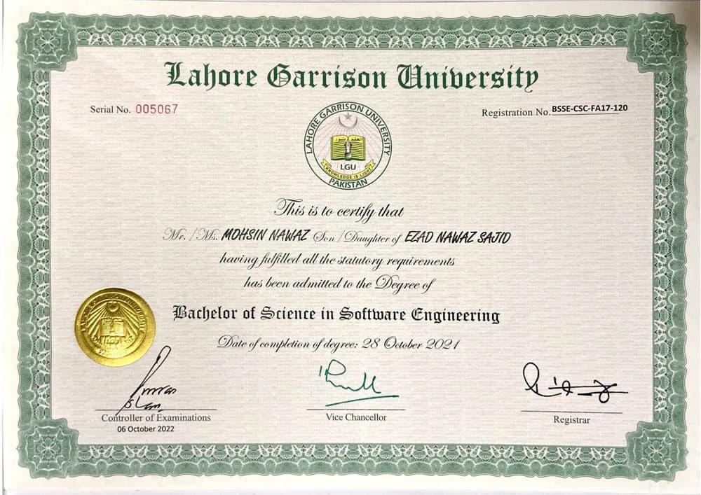 Bachelor of Science in Software Engineering certificate issued by Lahore Garrison University