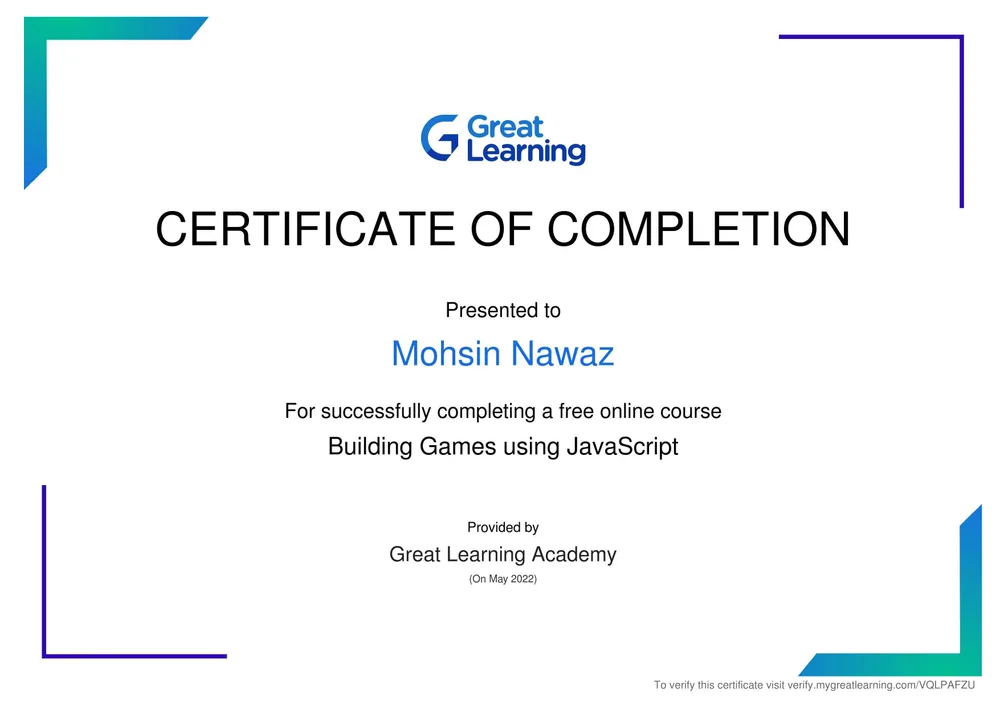 Building Games by JS certificate issued by Great Learning