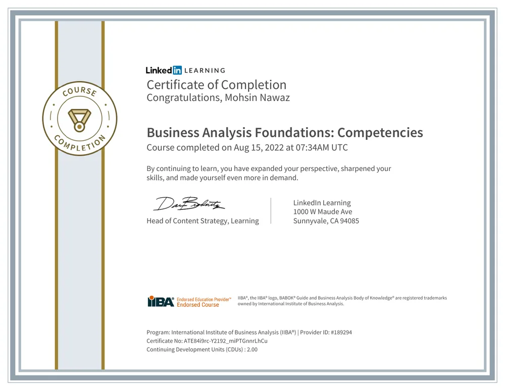 Business Analysis Foundations: Competencies certificate issued by LinkedIn Learning