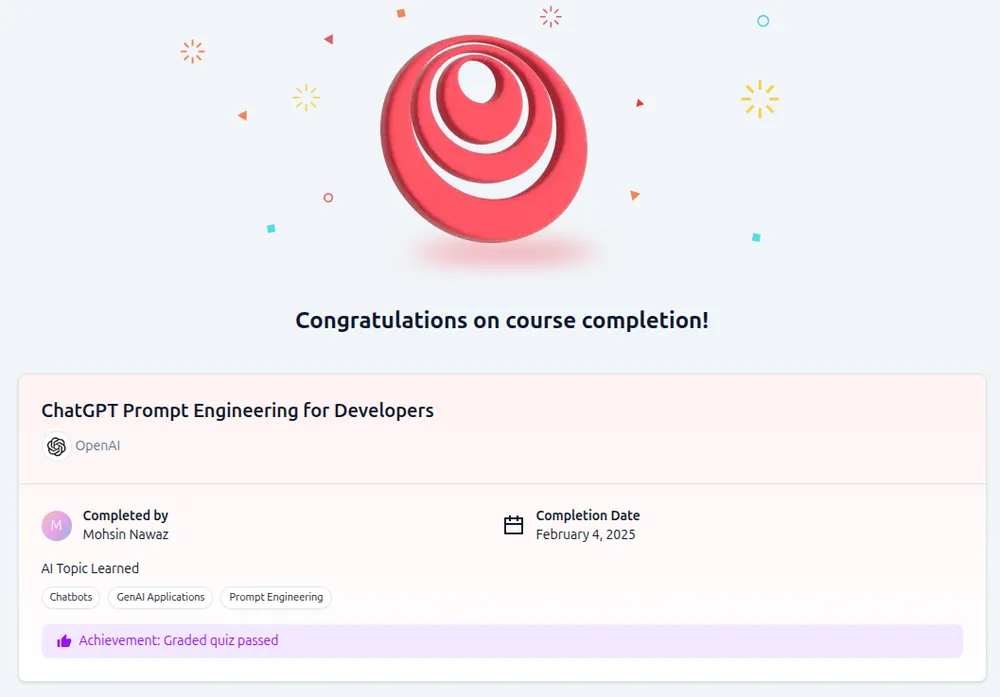 ChatGPT Prompt Engineering for Developers certificate issued by OpenAI
