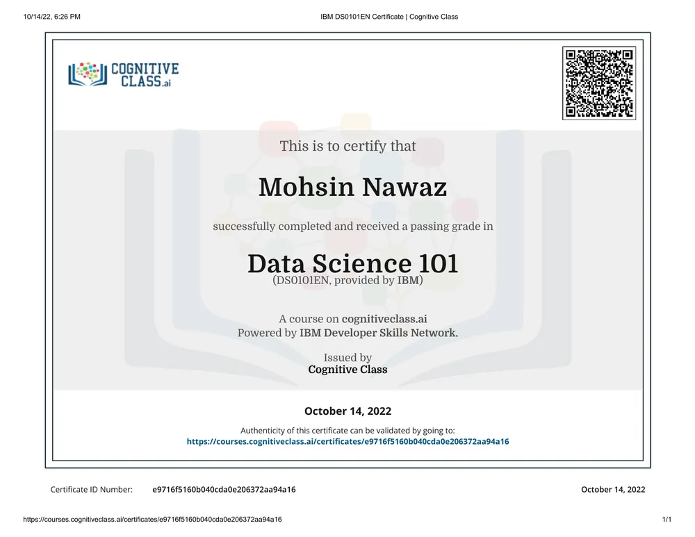 Data Science 101 certificate issued by Cognitive Class · IBM Developer Skills Network