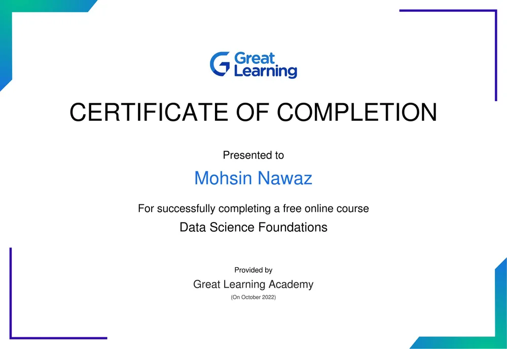 Data Science Foundations certificate issued by Great Learning Academy