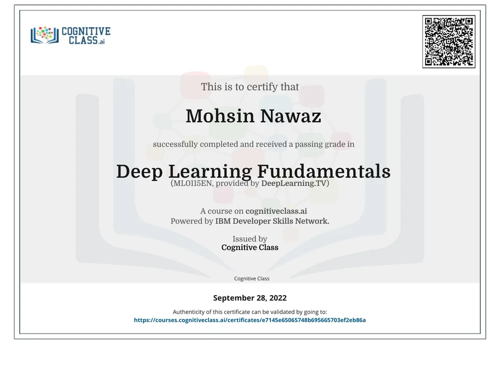 Deep Learning Fundamentals certificate issued by Cognitive Class · IBM Developer Skills Network