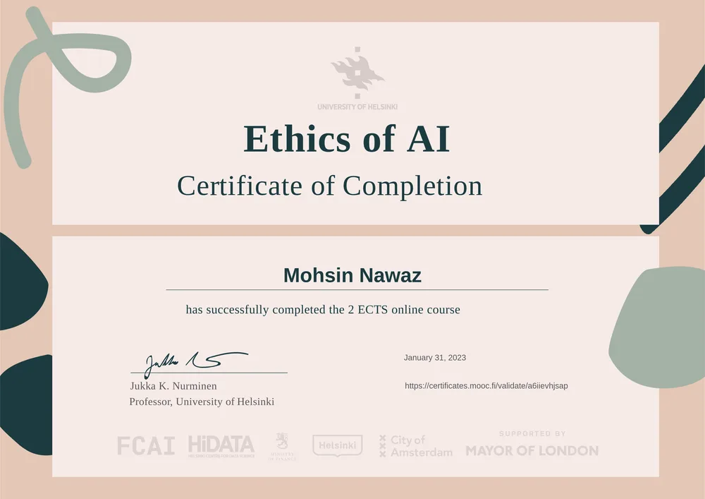 Ethics of AI certificate issued by University of Helsinki