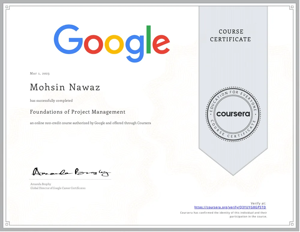 Foundations of Project Management certificate issued by Google · Coursera
