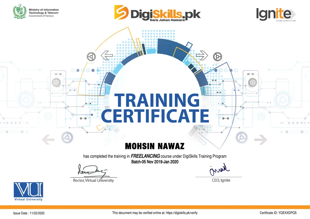 Freelancing certificate issued by DigiSkills Training Program