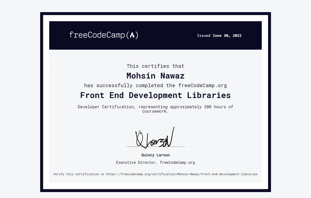 Front End Development Libraries certificate issued by freeCodeCamp
