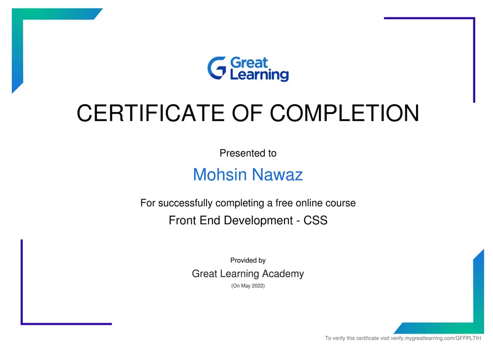 Frontend Development certificate issued by Great Learning