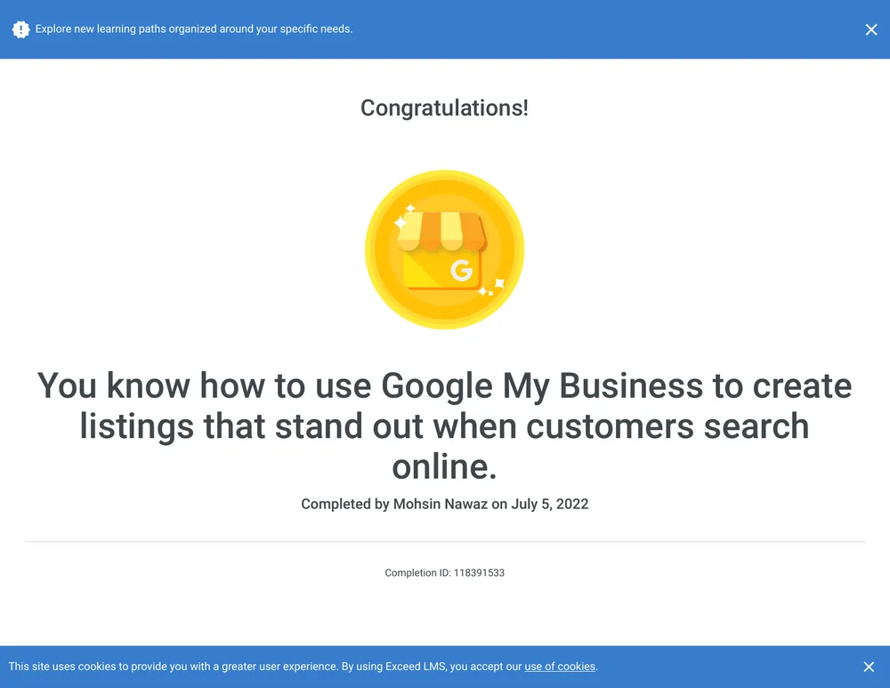 Google My Business certificate issued by Google