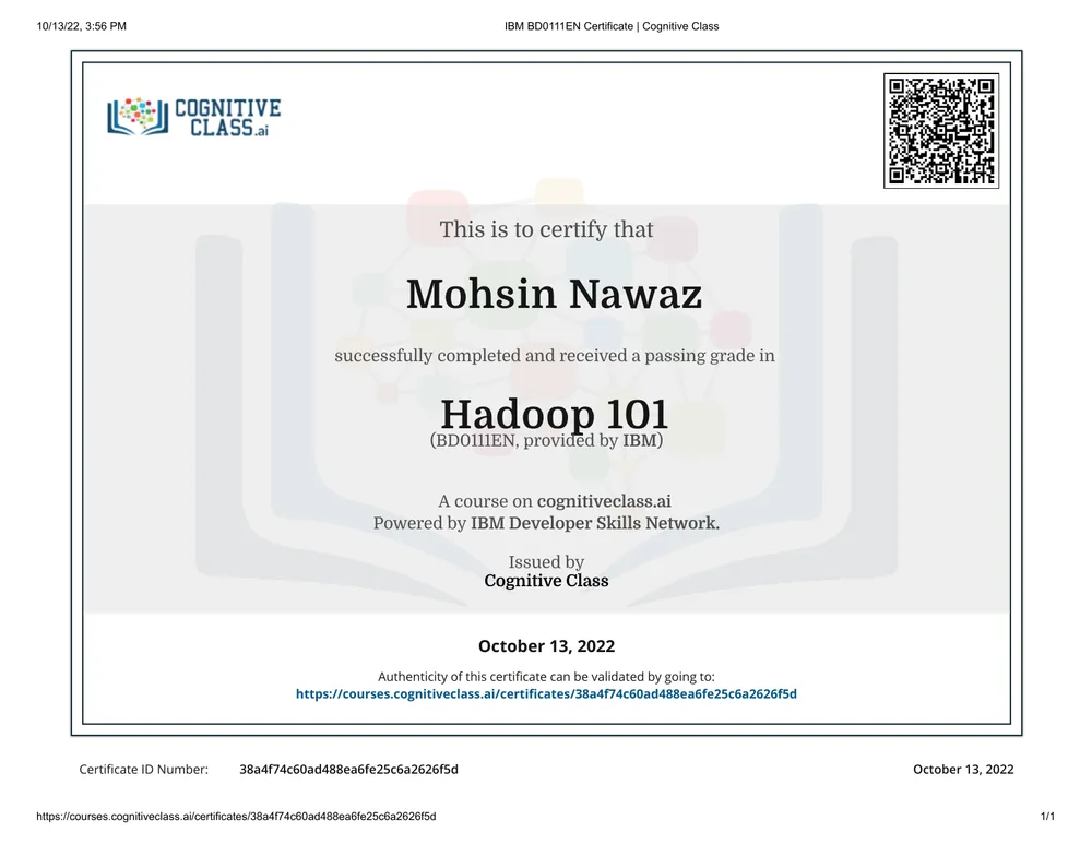 Hadoop 101 certificate issued by Cognitive Class · IBM Developer Skills Network