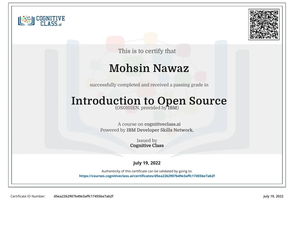 Introduction to Open Source certificate issued by Cognitive Class · IBM Developer Skills Network