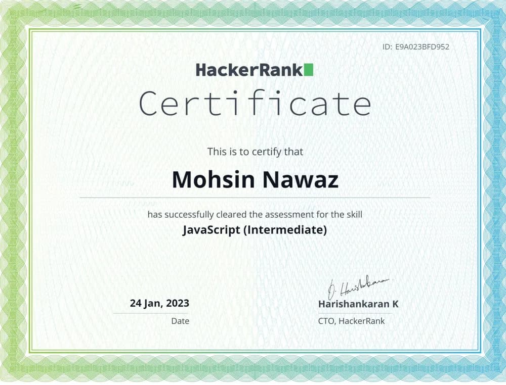 JavaScript (Intermediate) certificate issued by HackerRank