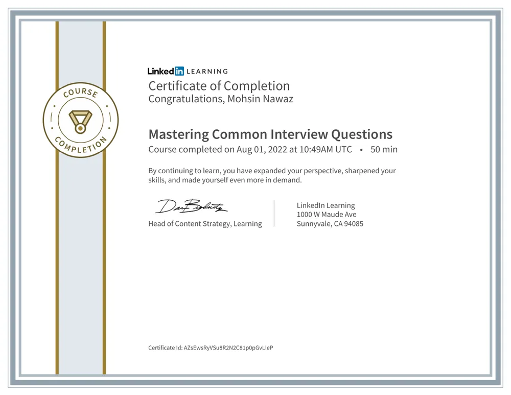Mastering Common Interview Questions certificate issued by LinkedIn Learning