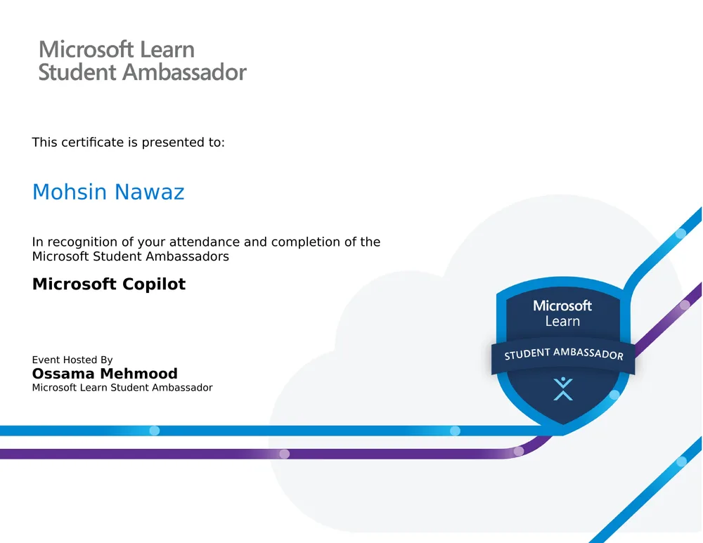 Microsoft Copilot certificate issued by Microsoft Learn Student Ambassadors