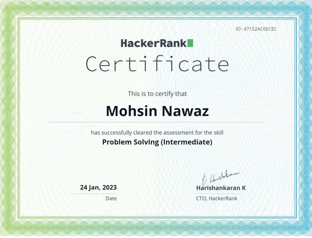 Problem Solving (Intermediate) certificate issued by HackerRank
