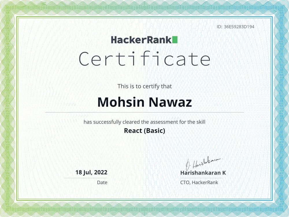 React (Basic) certificate issued by HackerRank