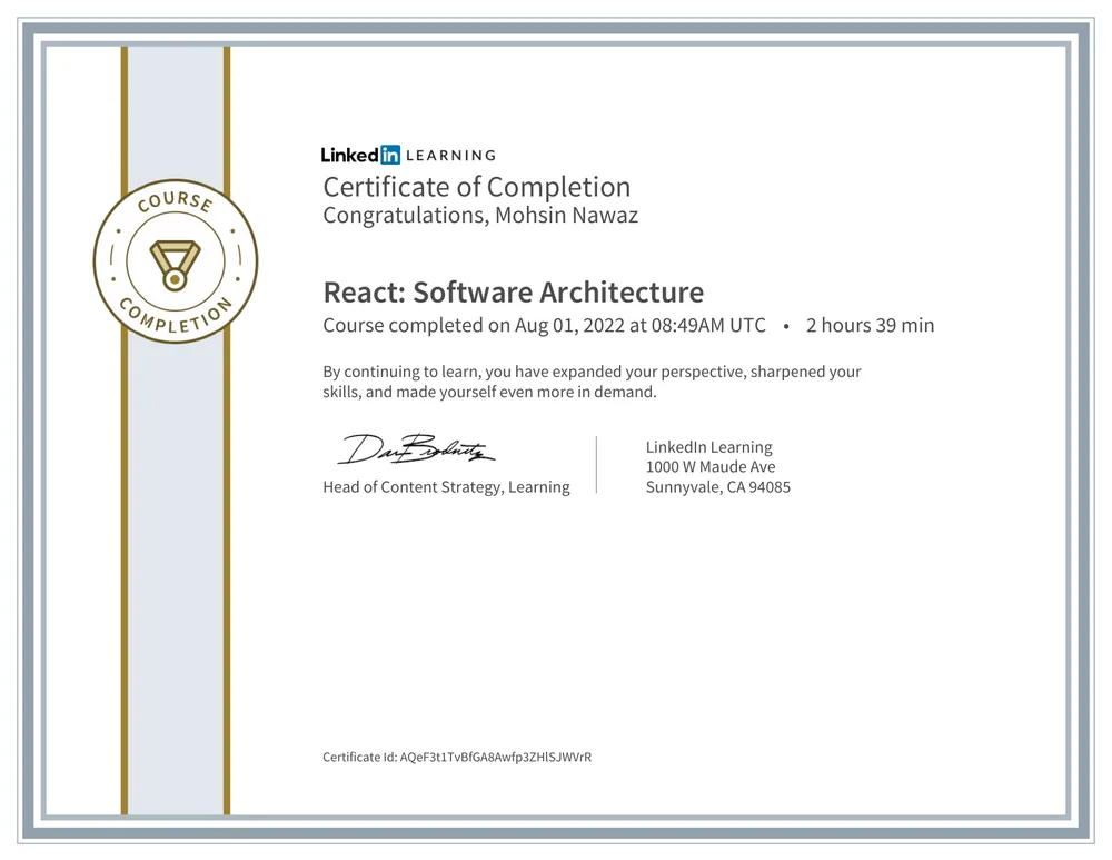 React: Software Architecture certificate issued by LinkedIn Learning