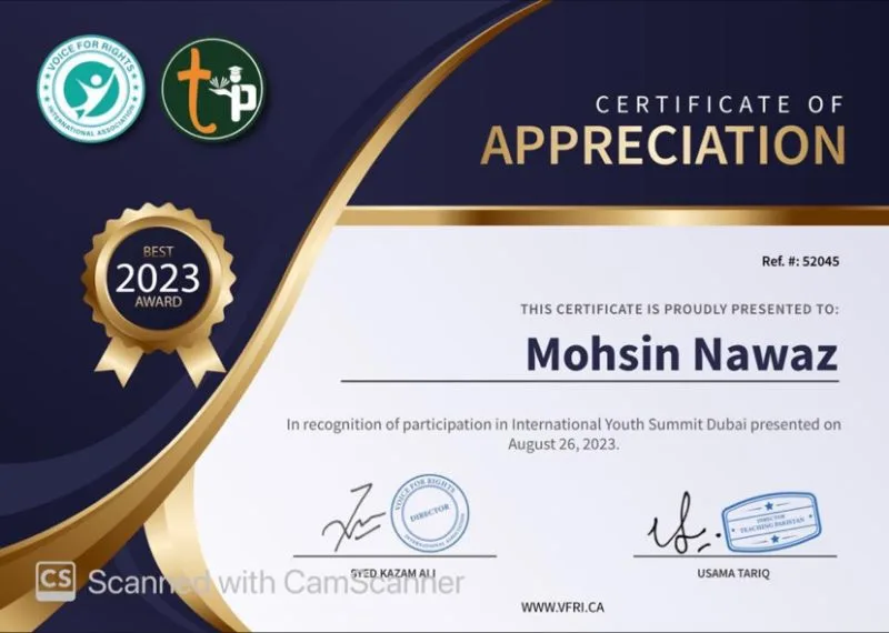 Certificate of Appreciation — International Youth Summit Dubai certificate issued by Voice for Rights International Association